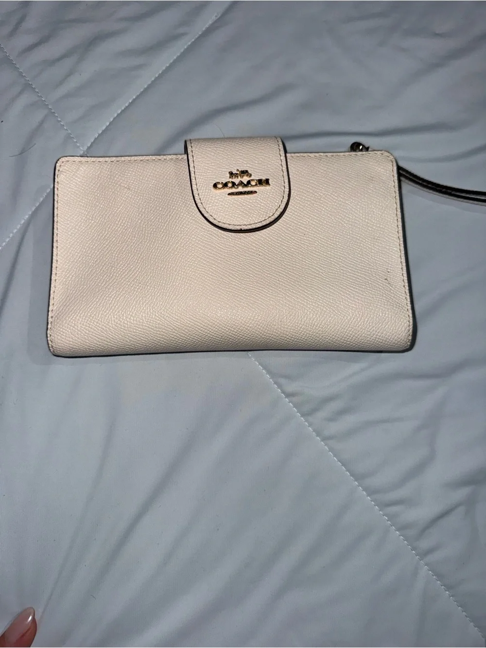 Coach Pebbled Leather Wristlet Wallet in Light Cream with Gold Logo
